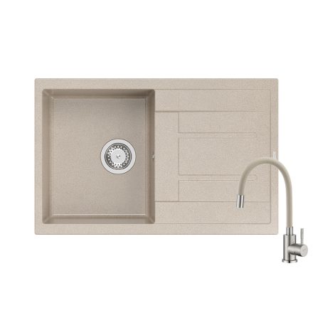 Quadron MORGAN 111 river sand gránit mosogatótálca + Zegor SOP4-F090KS króm csaptelep bézs flexibilis kifolyócsővel