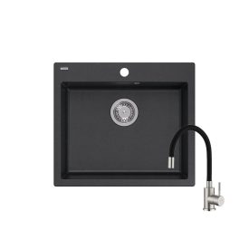   Quadron MORGAN 110 black dotted gránit mosogatótálca + Zegor SAP4-F090KB rozsdamentes acél csaptelep fekete flexibilis kifolyócsővel
